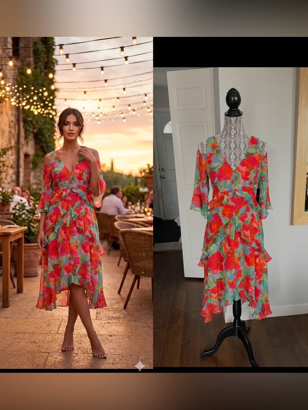 NWT Tahari Cold Shoulder Tiered Midi Floral Party Dress. Size 6P.